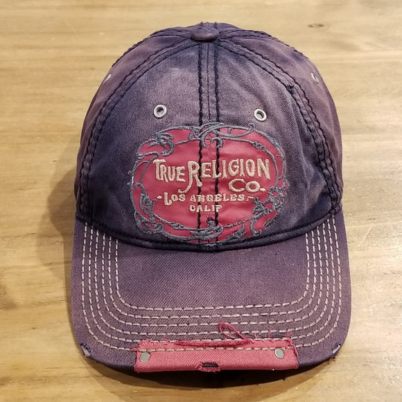 True Religion Hat Cap Strap Back Blue Distressed Faded Look One Size